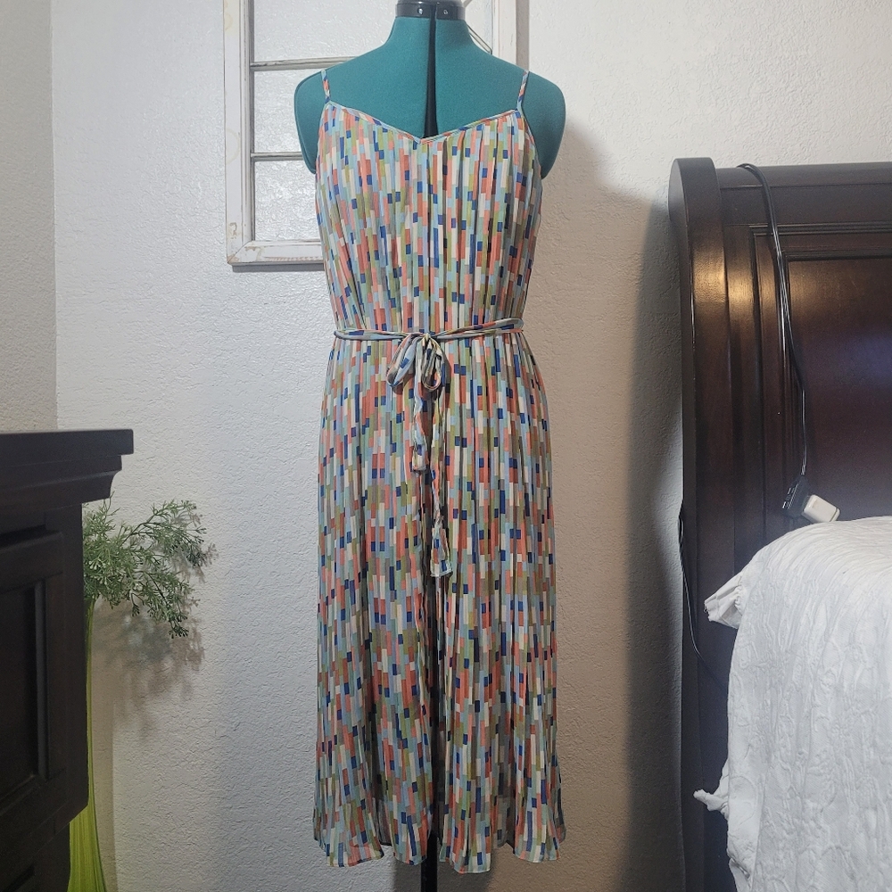 Fossil Pleated Multicolored Chiffon Midi Dress Tie Waist & Adjustable Medium
